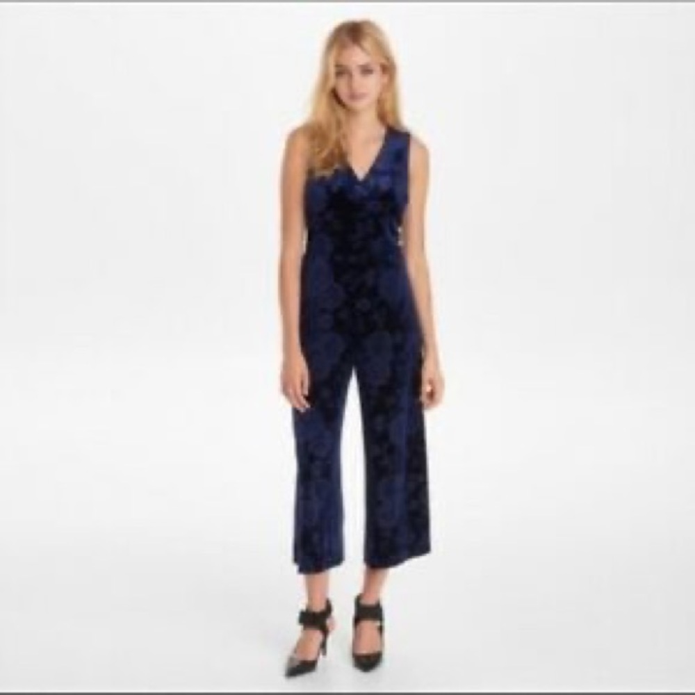Karl Lagerfeld Paris Blue Velvet Floral Jumpsuit